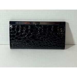 Black Croc Embossed Patent Clutch Wallet Retro Y2K Accordion Organizer